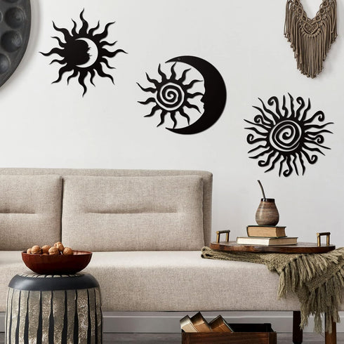 Therwen 3 Pieces Wacky Sun Metal Wall Art Outdoor Decor 7.87 Inches Sun Moon Outdoor Wall Decor Hanging Wrought Iron Sun Wall Sculpture for Home G...