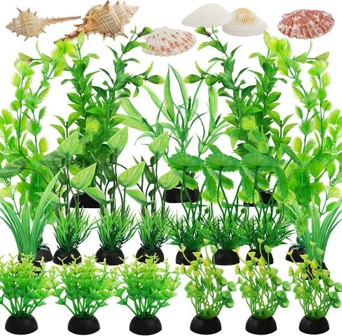 Aquarium Decorations Plants, 25pcs Aquarium Decor Green Plants with Natural Shells, Fish Tank Accessories, Fish Tank Large Plant Plastic Decoratio...