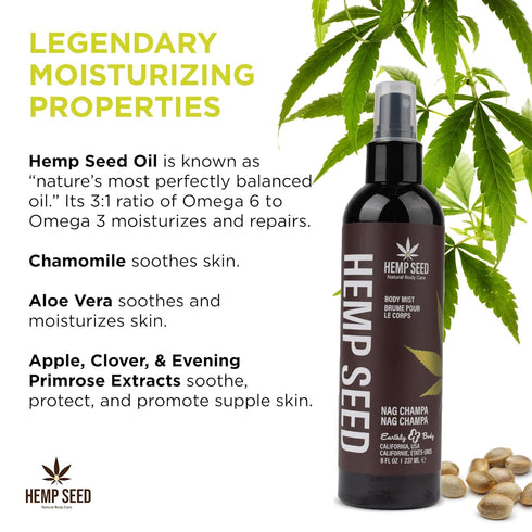 Hemp Seed Body Mist - 8 fl oz - Moisturizes, Invigorates & Protects Skin - With Hemp Seed Oil, Chamomile & Aloe Vera - Vegan, Cruelty Free...