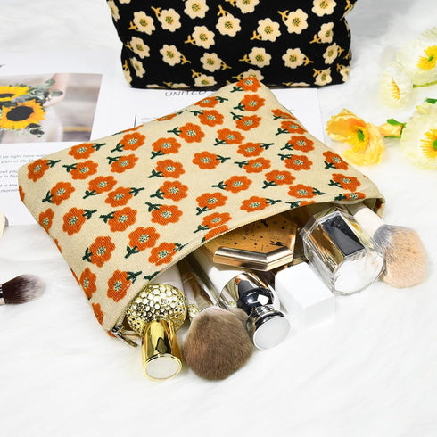 2 Pieces Orange Black Flower Makeup Bag Large Corduroy Cosmetic Bag Capacity Canvas Travel Toiletry Bag Organizer Cute Makeup Brushes Aesthetic Ac...