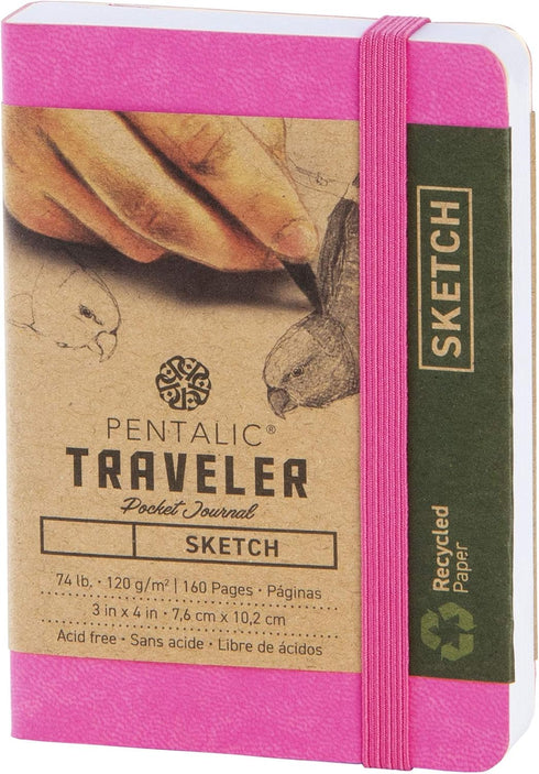 Pentalic 3" x 4" Pocket Sketchbook Traveler Journal, 160 Pages, Bright Pink...