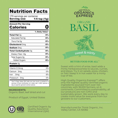 HQOExpress Organic Basil Medium Cut – Non GMO, Kosher, USDA Certified Organic Basil Leaves, Dried and Ground – Peppery and Aromatic Seasoning for ...