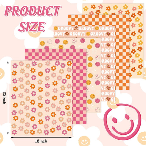 Whaline 6Pcs Retro Groovy Cotton Fabric Bundles 18 x 22 Inch Pink Orange Checkered Flower Fat Quarters Groovy Hippie Quilting Patchwork Squares Se...