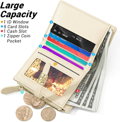 YINHEXI Women's Wallet, Faux Leather, Off White, Water Resistant, 5 Card Slots, 1 Cash Slot, 1 ID Window, 1 Zipper Coin Pocket, Portable, Fashiona...