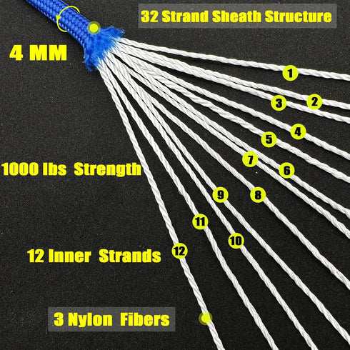 1000lb Utility Cord Rope, 4mm Heavy Duty 12 Strand Nylon Rope for Climbing Camping, Tent, Clothsline, Outdoor Hiking, Fishing, Marine Weatherproof...