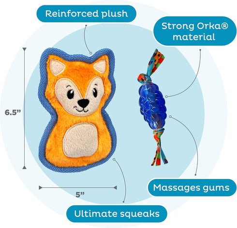 Outward Hound Mini Orka & Friends Fox Dog Toys 2-Pack – Dental Dog Chew Toy and Tough Plush Squeaky Dog Toy, Orange, XS...