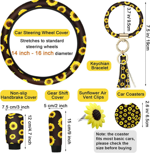 8 Pcs Cute Sunflower Steering Wheel Cover Yellow Keychain for Women Delightful Car Accessories Leather Bracelet Key Ring Car Handbrake Cover Gear ...
