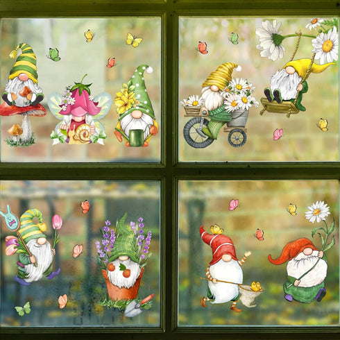 Mfault 9 Sheets Spring Gnomes Flowers Window Clings, Floral Daisy Tulip Lavender Glass Stickers Decals Decorations, Butterfly Mushroom Bicycle Swi...