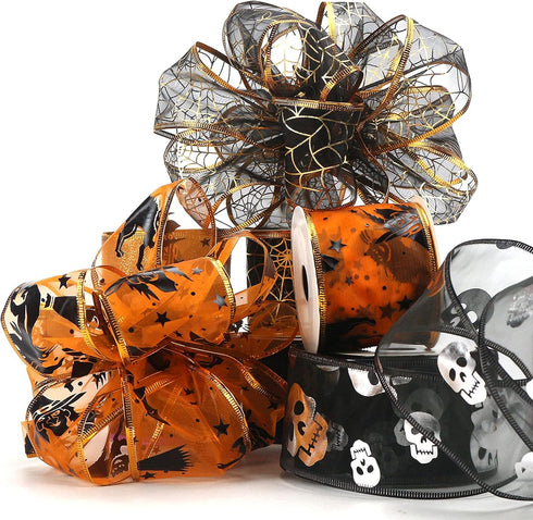 MEEDEE Halloween Ribbon - 6 Rolls, 36 Yards, Wired, Purple, Orange, Black, Skull Pattern...