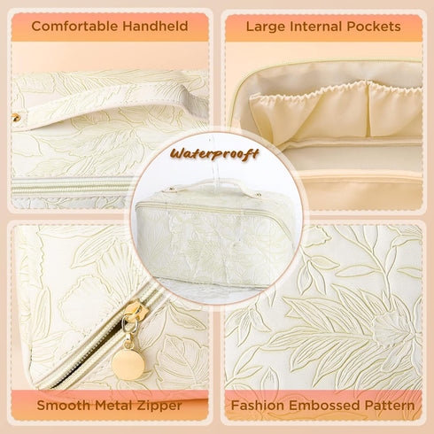 Large Capacity Travel Cosmetic,Makeup Bag Portable PU Leather Waterproof Flat Open Storage Bag with Handle Skincare Toiletry Bag for Women Graduat...