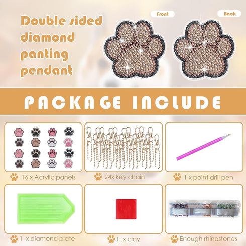 YLOLUL 16 Pcs Dog Paw Shaped Diamond Art Keychains DIY Pet Paw Diamond Art Keychain Kits Diamond Art Double-Sided Cat Dog Paw Painting Key Chains ...