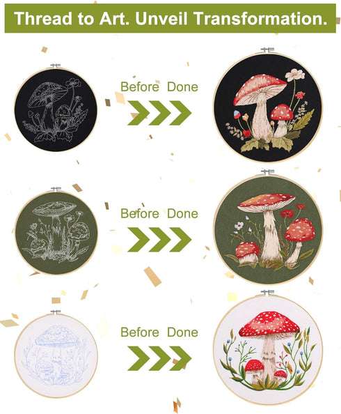 Santune 3 Sets Embroidery Kit for Beginners,Cross Stitch Needlepoint Kits for Adults Starter Easy Stamped Mushroom Pattern Fabric Hand Crafts,Hoop...