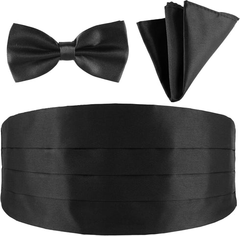Men's Cummerbund Bow Tie Set Adjustable Solid Color Tuxedo Cummerbund and Bow Tie Pocket Squares,Black...