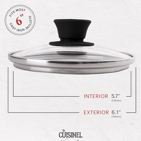 Cuisinel Glass Lid - 6"-inch/15.24-cm/158mm - Compatible with Lodge - Fully Assembled Tempered Replacement Cover - Oven Safe for Skillets Pots Pan...