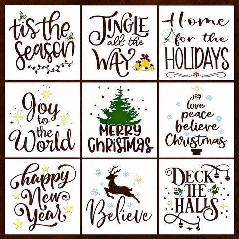 Set of 9 Christmas Stencils for Painting on Wood – Art Stencils for Drawing, Signs, Wall Art, Canvas, Fabric - Stencils for Crafts Reusable - incl...