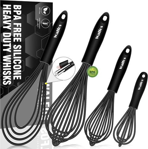 Walfos Whisk Silicone Whisks set, Non Scatch Coated Whisks for Cooking and Baking, Heavy Duty Set of 4 Kitchen Whisk - 11'' Flat Wisk and 7''+10''...