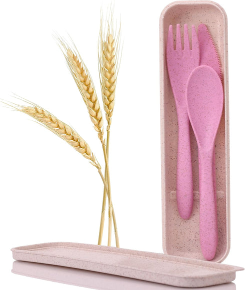 Wheat Straw Travel Utensils Set with Case - Kids Cutlery Set - BPA Free Portable Silverware for Lunch Box - Fork Spoon Knife Set with Case - Eco F...
