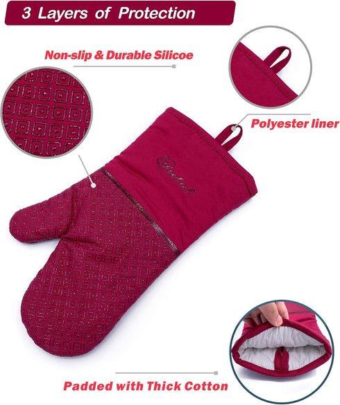 Pot Holders and Oven Mitts Sets 4Pcs, High Heat Resistant Gloves and Potholders, YUTAT Non-Slip Grip Hot Pads with Food Grade Silicone Texture, Pe...
