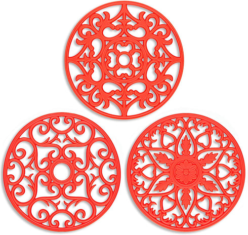 ME.FAN Trivets for Dishes/Pots/Pans, 3 Pcs Silicone Mats, Flexible/Durable/Non Slip Hot Pads to Protect Table and Counter Top (Red)...