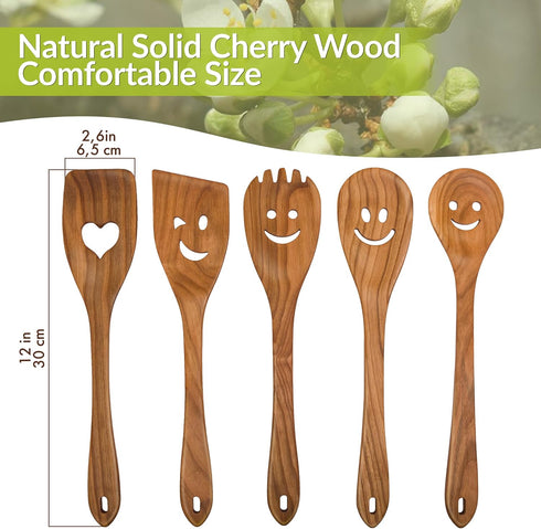 MFC 5-Piece Wooden Cooking Spoons - Kitchen Spatula Set from Natural Cherry Wood - Wooden Spoons for Cooking - Funny Utensil Set with Smiley Faces...