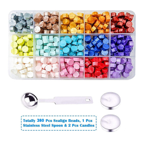 Sealing Wax Beads Colorful Macarone 380Pcs with 2PCS Tea Candles and 1 PCS Wax Melting Spoon...