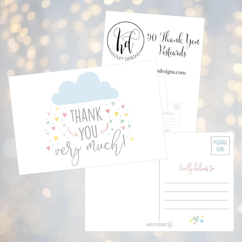 Hadley Designs 50 4x6 Rain Clouds Blank Thank You Postcards Bulk, Cute Baby Shower Sprinkle Rainbow Showered With Love Thank You Note Card For Wed...