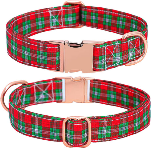 Dog Collar with Bow, Red Plaid Dog Collar Soft Durable Adjustable Cotton Red Green Tartan Puppy Collar for Small Medium Large Dog...