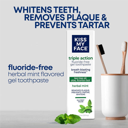Kiss My Face Triple Action Toothpaste Gel, Herbal Mint Flavor, Removes Plaque, Whitens Teeth, Prevents Tartar, with Tea Tree Oil and Aloe, Fluorid...