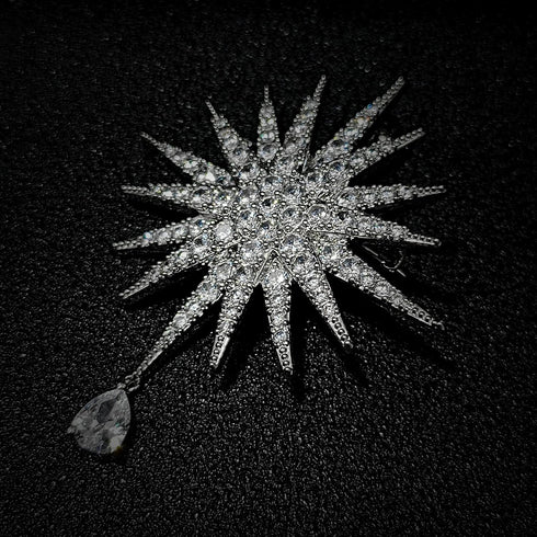 Bling Stylish Silver Tone Full Micro Pave Clear CZ Starburst Pin Brooch with Drop Moravian Lapel Corsage Accessory...