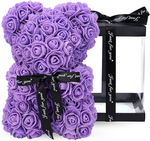 LINKLO Rose Bear Rose Teddy Bear -10 inch Artificial Rose Flower Bear, Gift for Wedding, Mothers Day and Anniversary, Including Transparent Gift B...