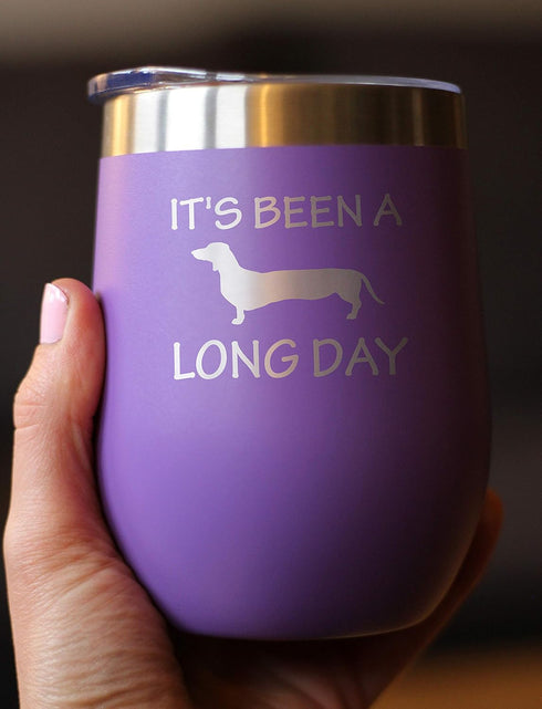 Been a Long Day - Dachshund Wine Tumbler with Sliding Lid - Stemless Stainless Steel Insulated Cup - Cute Funny Gift for Coworkers or Boss - Purpl...