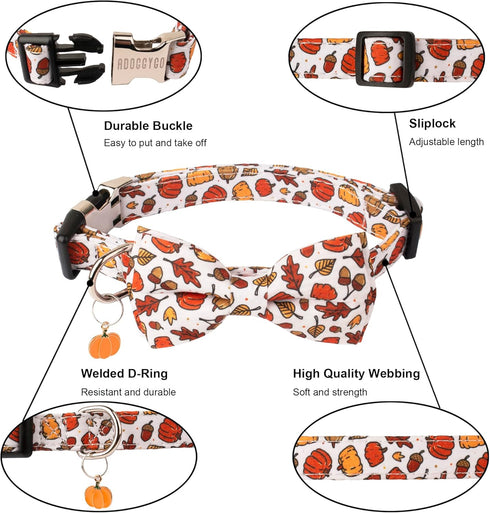 ADOGGYGO Thanksgiving Dog Collar with Bowtie, Fall Leaves Pumpkin Dog Thanksgiving Collars with Detachable Bow Adjustable Pet Fall Collars for Sma...