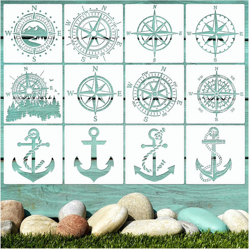 12 Pcs Compass Anchor Stencil, Plastic Reusable Nautical Stencils Compass Rose Stencil Anchor Compass Stencils Template for Painting Wood, Walls, ...
