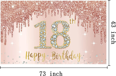 Sweet 18th Birthday Banner Backdrop Decorations for Girls, Rose Gold 18 Birthday Party Sign Supplies, Pink 18 Years Old Birthday Poster Background...