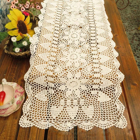 KEPSWET Sunflower Rectangle Handmade Crochet Lace Table Runner Floral Wedding Decoration (14x60 inch, Beige)...