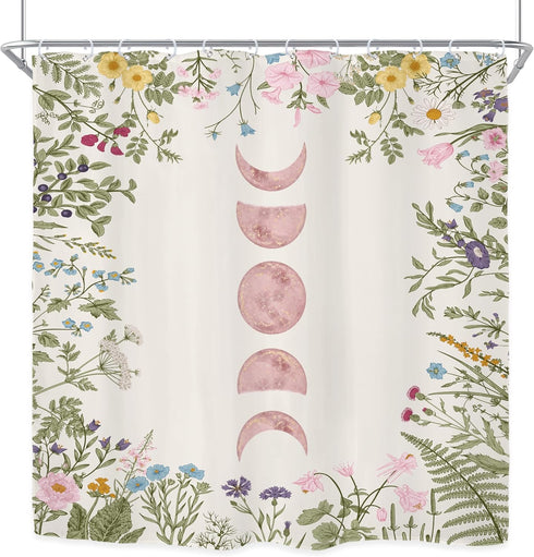 Riyidecor Witchy Moon Phase Shower Curtain for Bathroom Decor 72Wx72H Floral Pink Rustic Wildflower Plant Leaves Botanical Herbs Nature Art Printe...