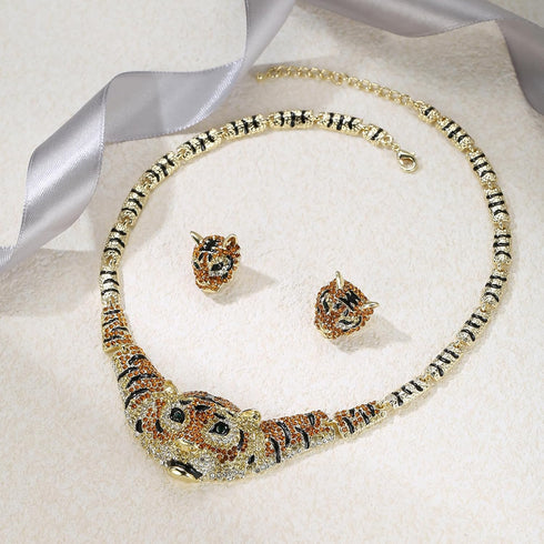 EVER FAITH Austrian Crystal Enamel Big Tiger Head Necklace Stud Earrings Set...