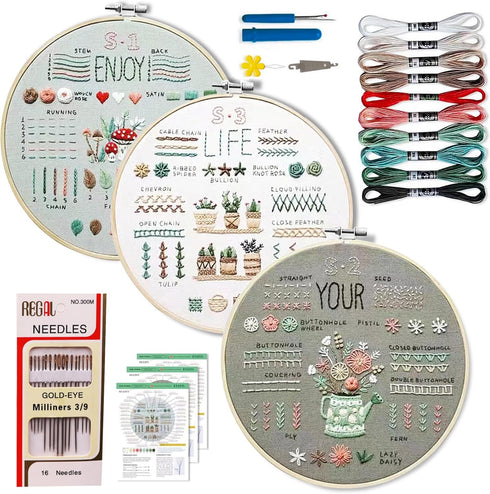 LYSHIATSU 3 Sets Embroidery Starter Kit for Beginners, Patterns Cross Stitch for Adults, Hobbies Embroidery, Learning DIY Kit with 3 Embroidery Ho...