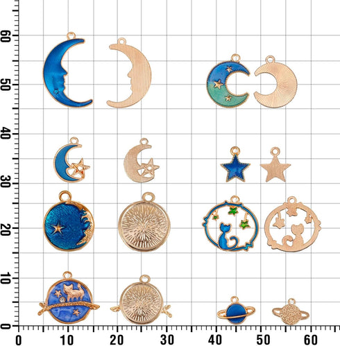 WILLBOND 108 Pieces Jewelry Charms, Mixed Antique Silver Sun Stars Moon Charms Pendants, Assorted Gold Plated Enamel Cat Moon Star Celestial Charm...