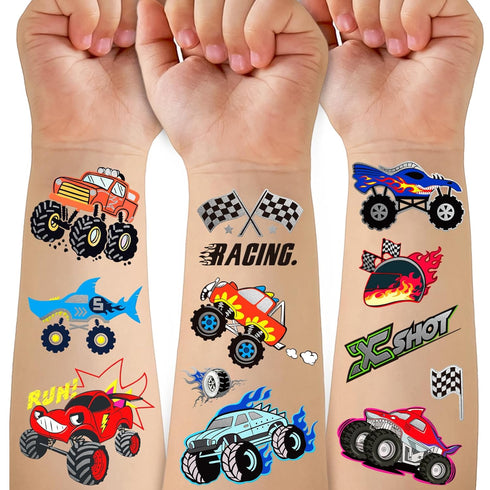 75 PCS Truck Temporary Tattoos for Kids, Groovy Metallic Styles Tattoos for Truck Wheels Birthday Party Supplies Racing Car Checkered Flag Trophy ...