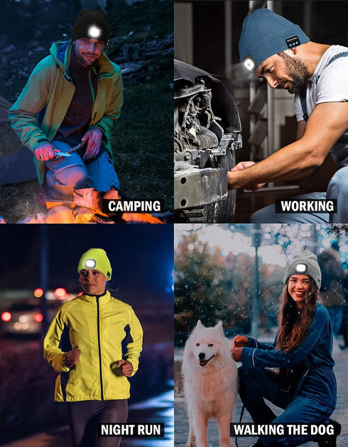 Bluetooth Beanie with Light, Unisex USB Rechargeable LED Headlamp Cap with Headphones, Built-in Speakers & Mic Winter Knitted Night Lighted Music ...