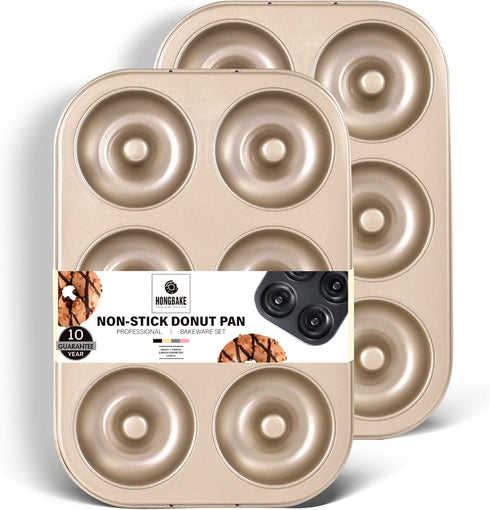 HONGBAKE Nonstick Donut Pans For Baking, 2-Pack 6 Cavity Upgraded Deepened Doughnut Tray, Heavy Duty Mini Bagel Mold for Oven - Bronze Gold...