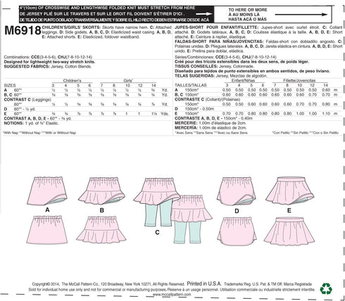 McCall Pattern Company M6918 Children's/Girls Skorts, Size CCE...