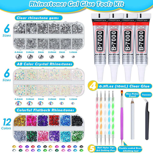 shynek B7000 Jewelry Glue with Rhinestones for Crafts, 6300Pcs Rhinestones with Gems Adhesive for Shoes Cloth Fabric with Picker Pencil for Crafti...