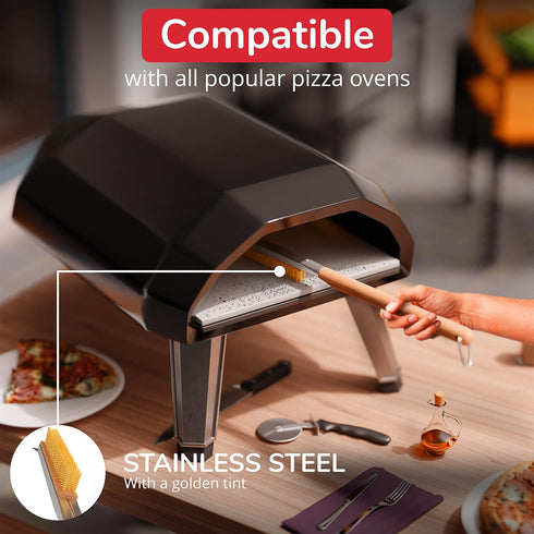 26” Pizza Oven Brush with Stone Scraper - Stainless Steel Bristles, Extra Long Handle, Heat-Resistant - Compatible with Ooni Ovens - Includes Spar...
