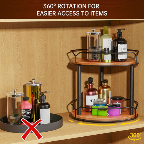 Lazy Susan Organizer 2 Tier - Turntable Spice Rack for Table Top, Wooden Rotating Lazy Susan for Cabinet Pantry Kitchen Countertop Dining Table Cu...