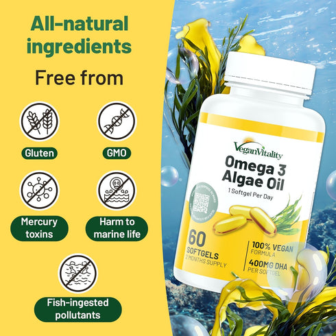 Vegan Vitality Vegan Omega 3 Supplement - 60 Plant Based Algae Omega 3 Oil Soft Gels Essential Fatty Acids with vegan DHA for Joint, Heart & Immun...