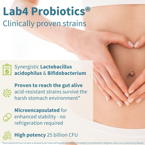Live Cultures+ Lab4 Probiotics & Prebiotic, Vegan, Non-GMO, Lactobacillus Acidophilus & Bifidobacterium, Guaranteed 25 Billion CFU, Non-Bloating G...