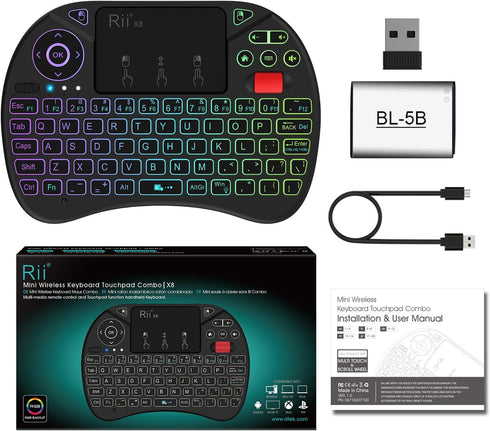 Rii X8 Mini Keyboard,2.4GHz Portable Wireless Keyboard with Touchpad Mouse,RGB Backlit,Rechargeable Battery for Android TV Box/Mac/PC/Nvidia Shiel...