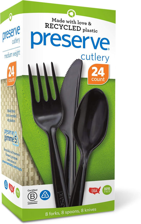 Preserve Recycled Plastic Cutlery Made in USA, 24 Count (8 Forks, 8 Knives, 8 Spoons), Black...